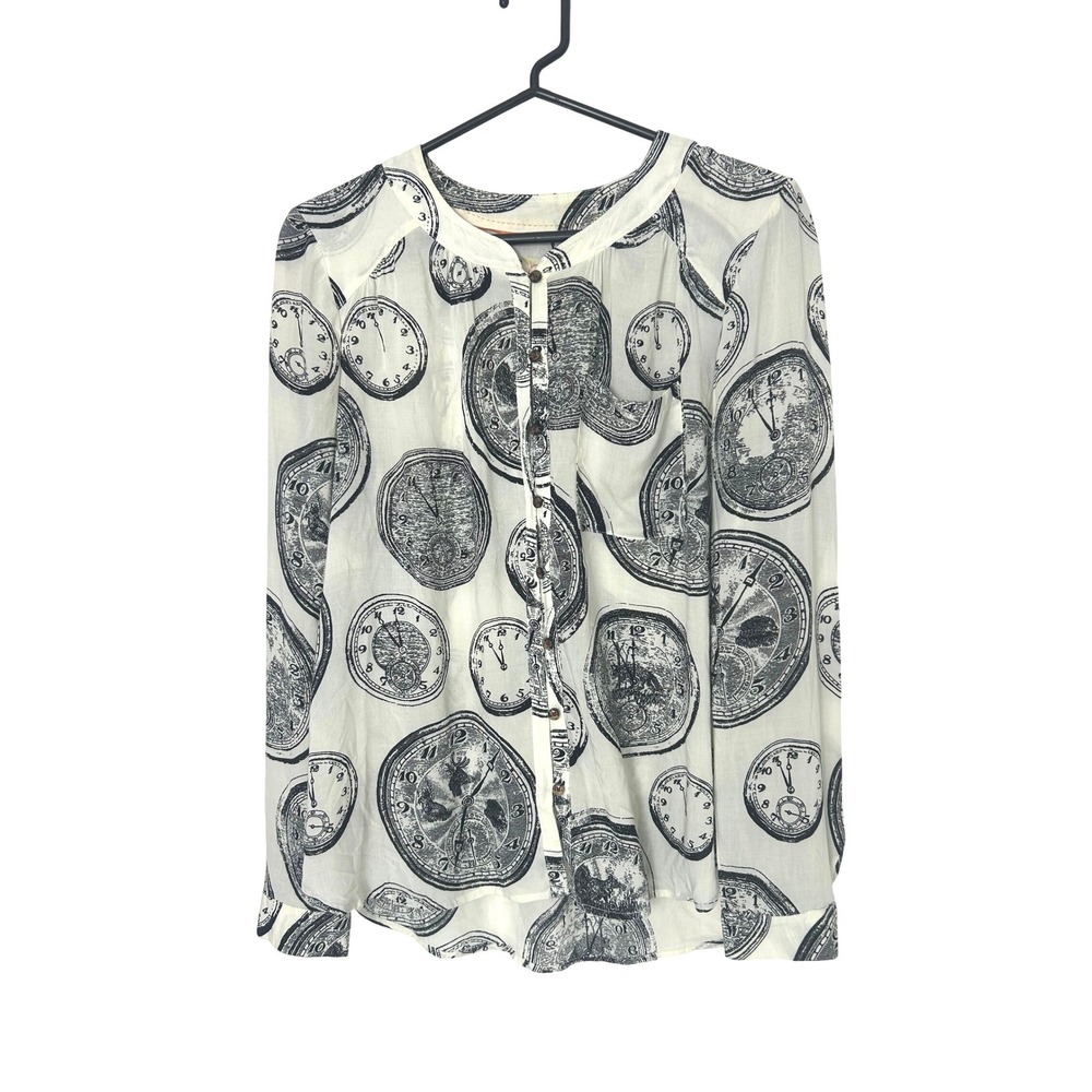 Anthropologie Blouse 8 Clock Print Button Down Steampunk Whimsigoth librarian
